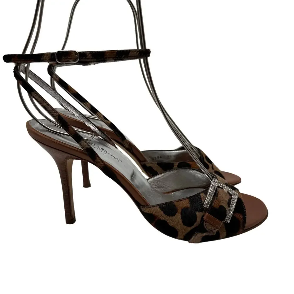 Dolce & Gabbana Leopard Calf Hair Rhinestone Buckle Strappy Heels 37.5 Y2K 2000s